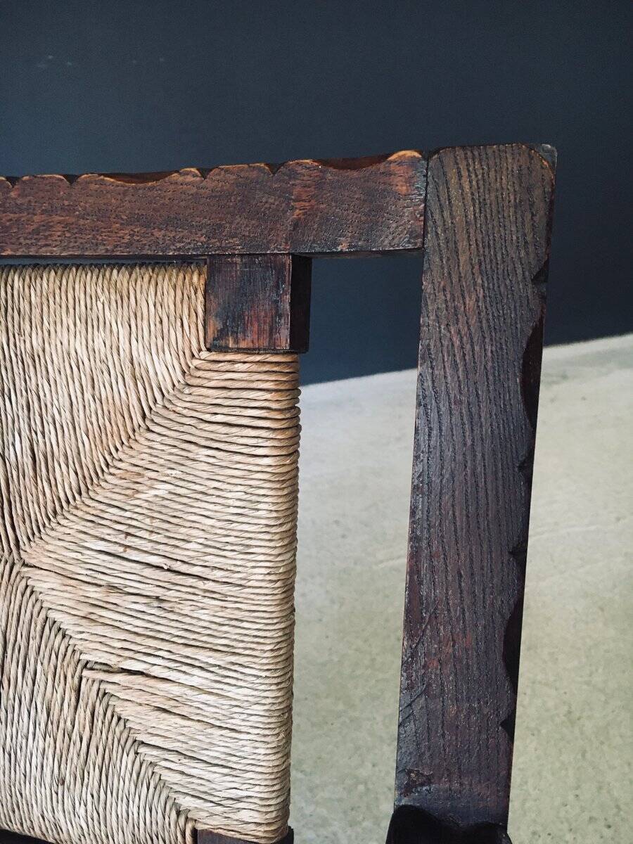 Low Arts & Crafts Oak & Rush Armchair, Belgium 1920s