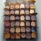 Set of 36 mismatched Bistrot chairs, 1920 to 1950, wooden seats.