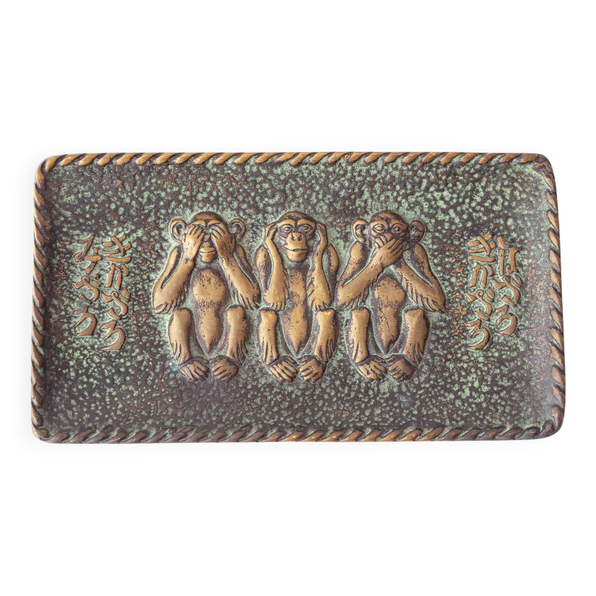 Max Le Verrier Art Deco Bronze Vide-Poche, Three Wise Monkeys, 1930s