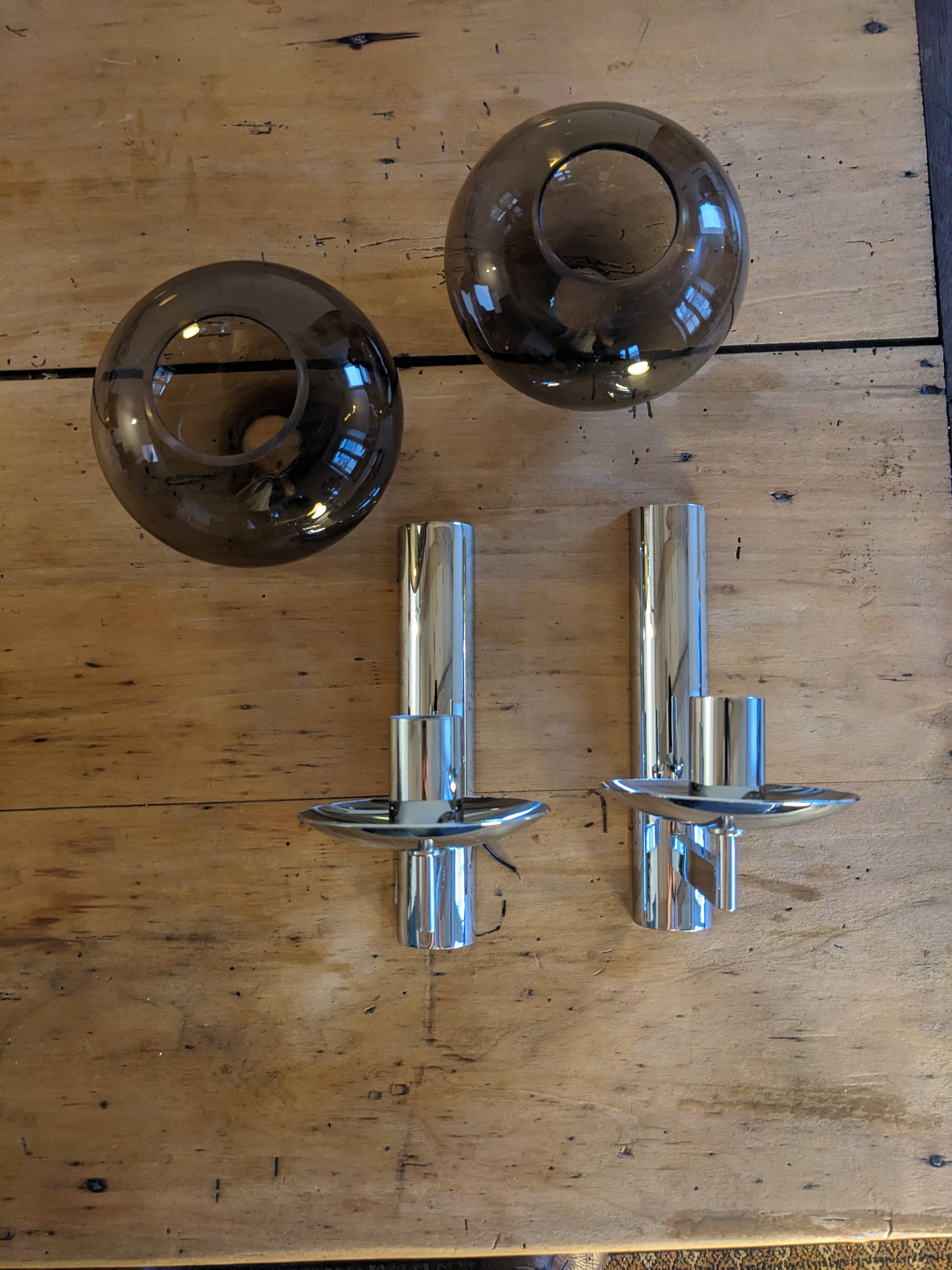 PAIR OF WALL LIGHTS BY SCIOLARI - VINTAGE SMOKED GLASS AND CHROME