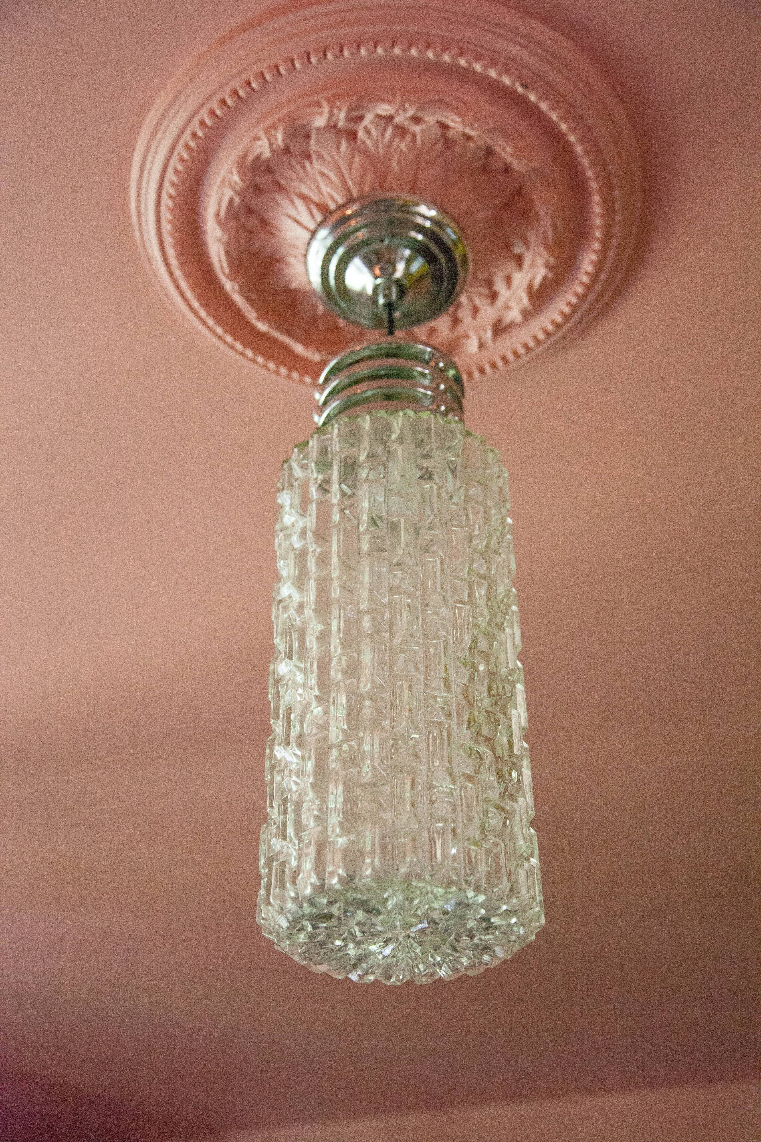 Vintage pendant lamp, Cylindrical glass suspension and chromed metal, ceiling lamp