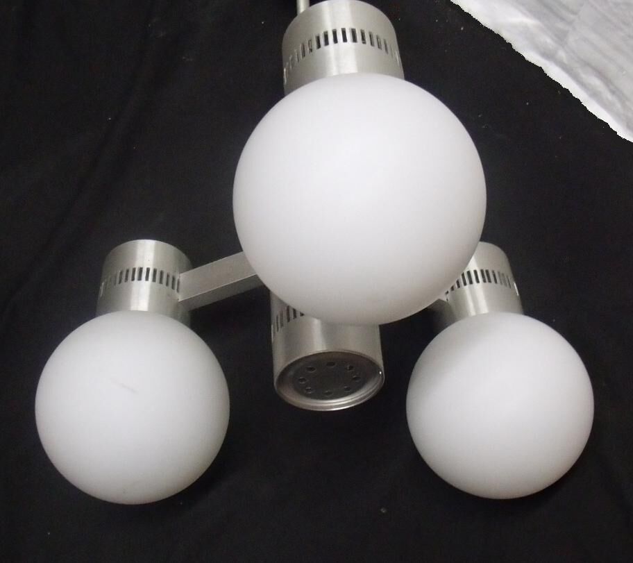 Chandelier suspended three lights 1970 white opaline brushed alu