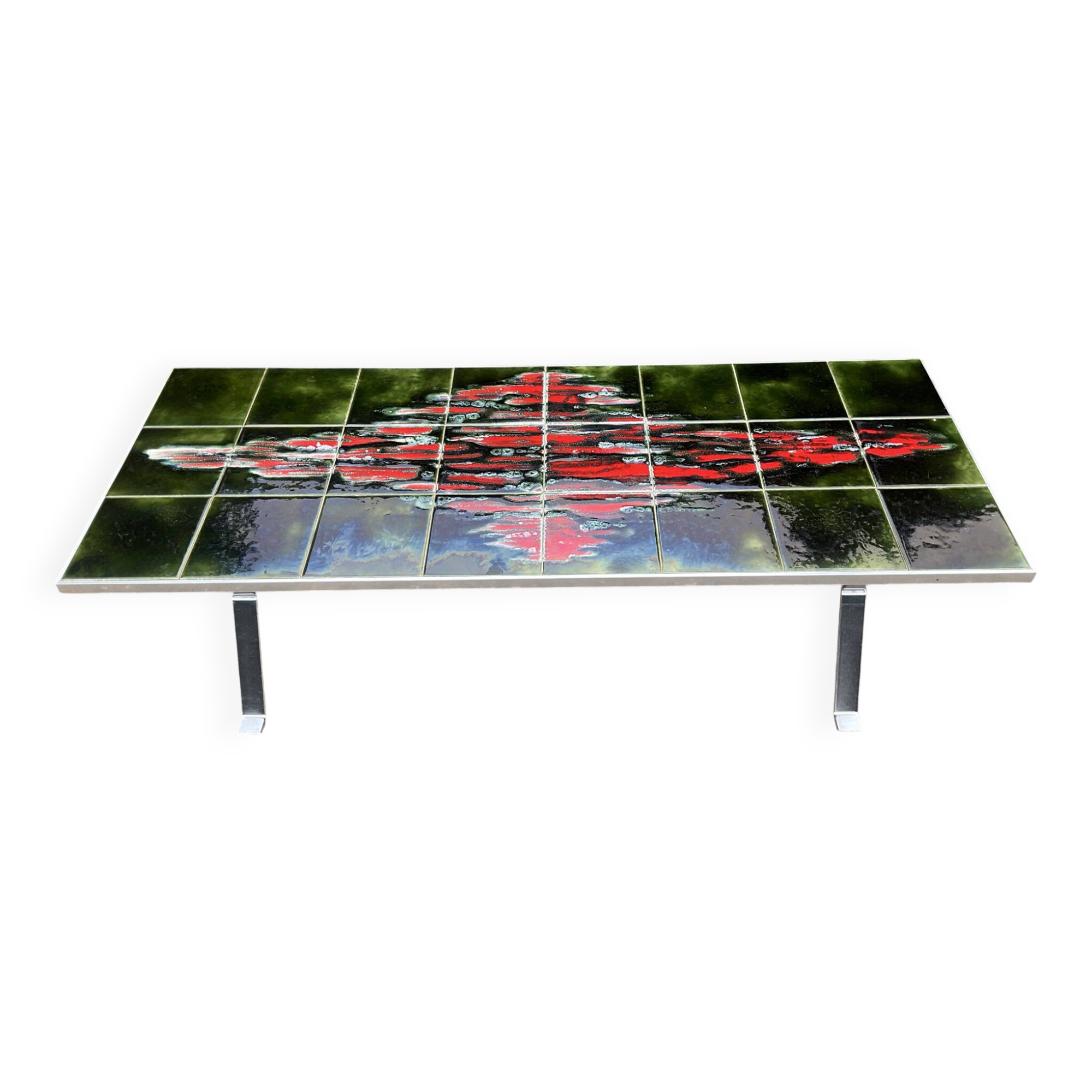 Table basse vintage en métal chromé et céramique