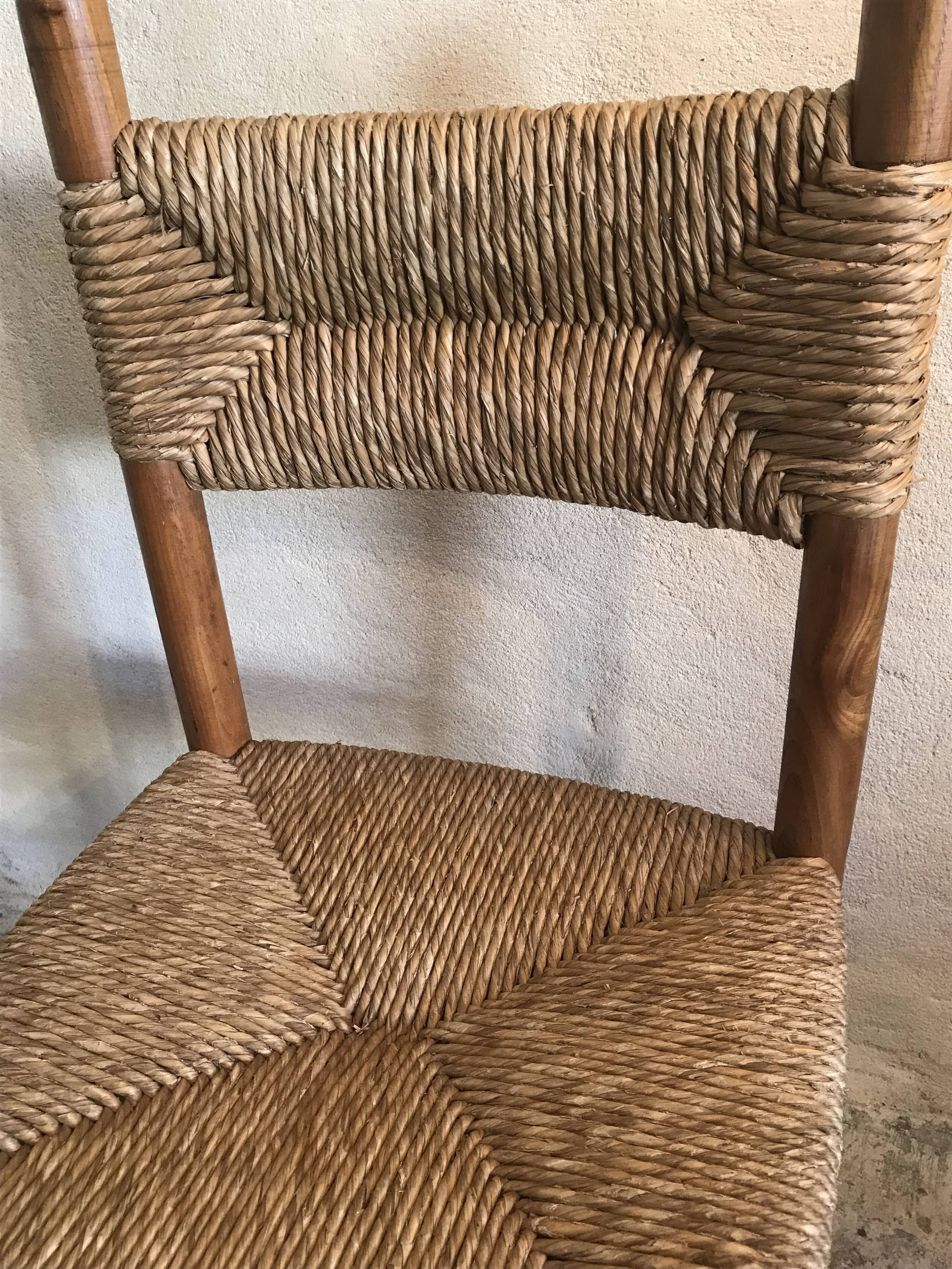 Brutalist vintage beech chair and mid-century straw