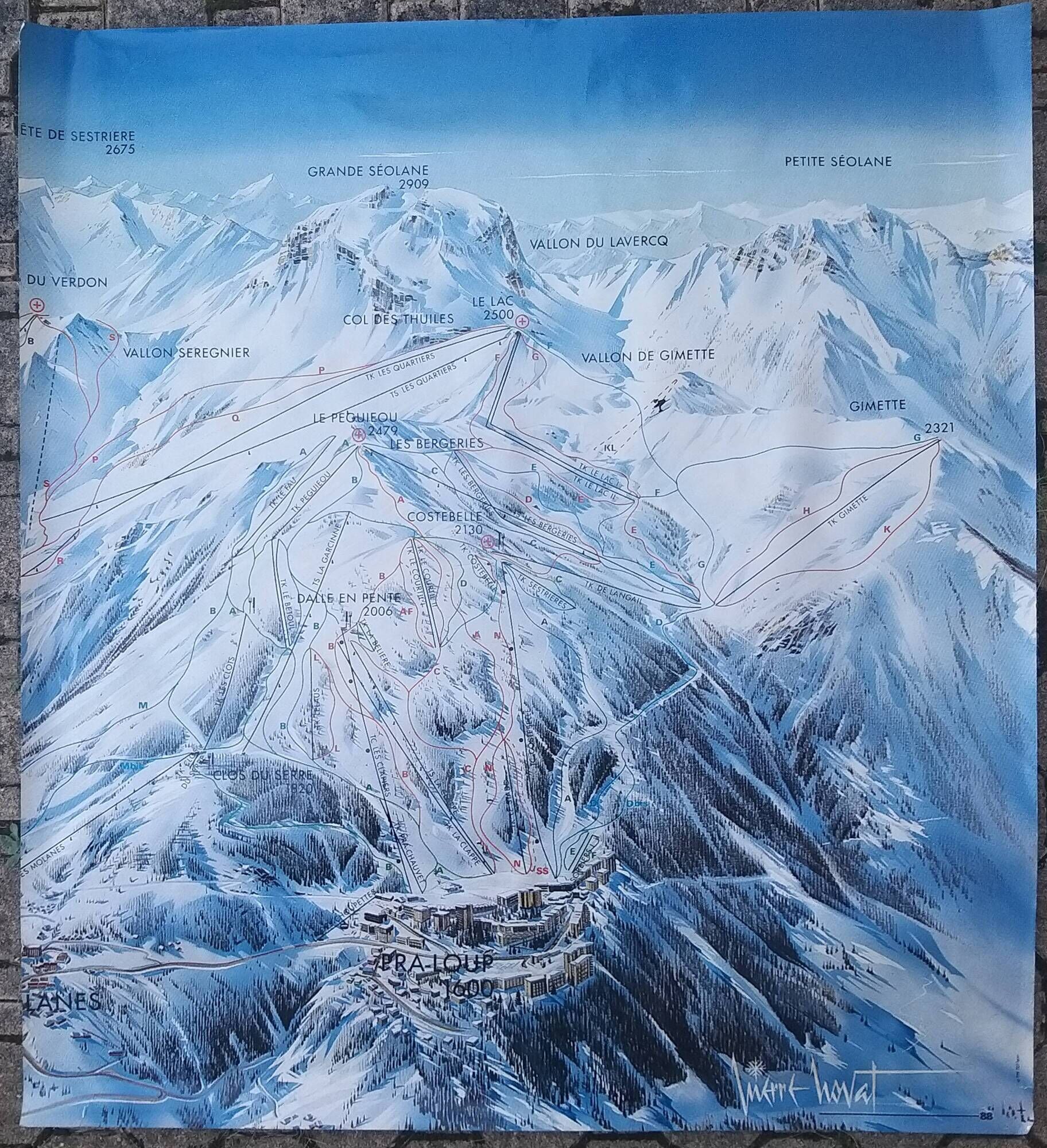Affiche de pra-loup (ubaye-provence)- plan des pistes de ski par pierre novat (1988)