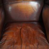 Dark English-Style Sheepskin Wingback Chair