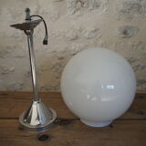 Art deco globe pendant light in white opaline and aluminum rod
