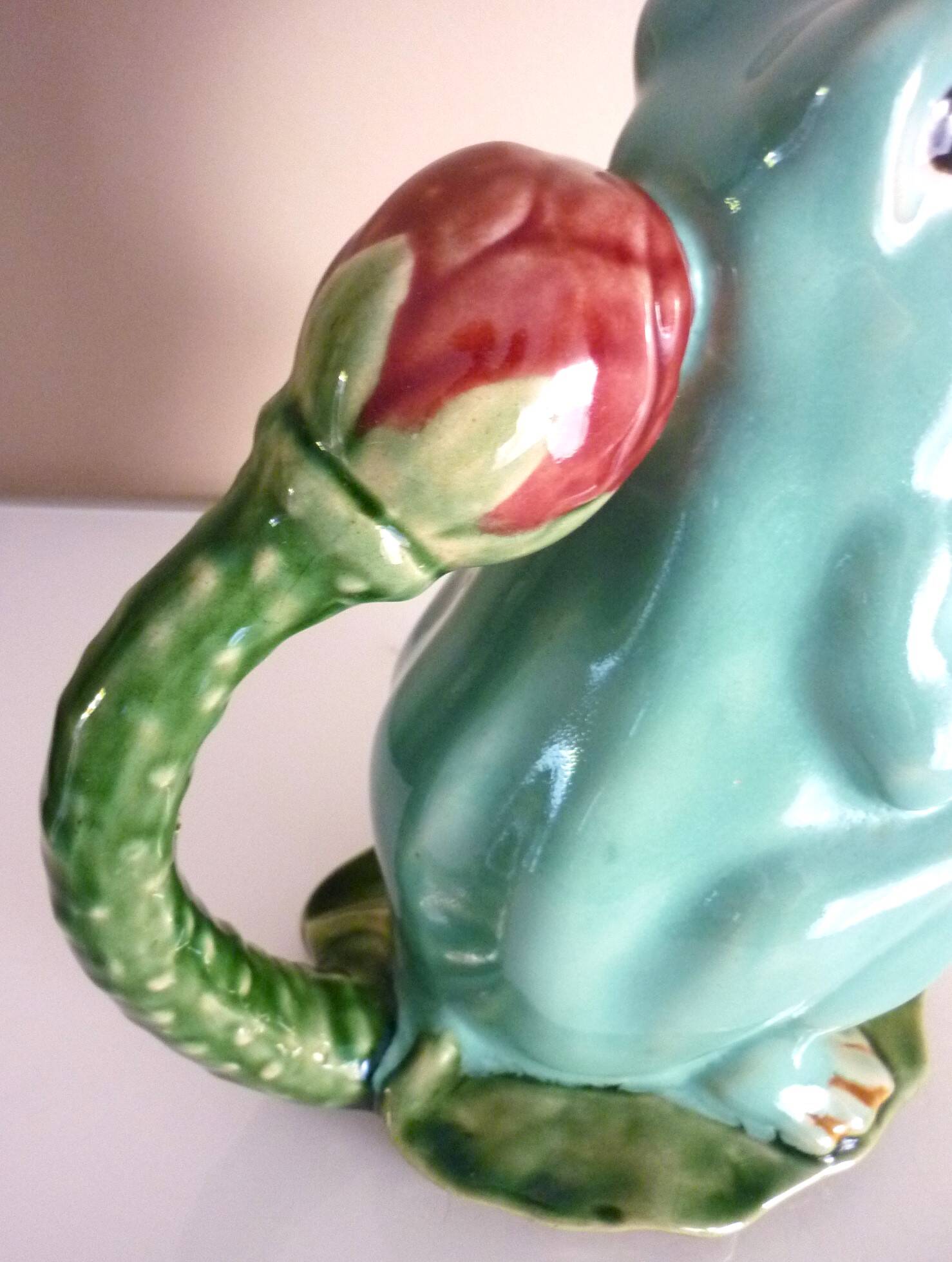 Frog pitcher, glazed ceramic, slipware, signed Athezza Franca