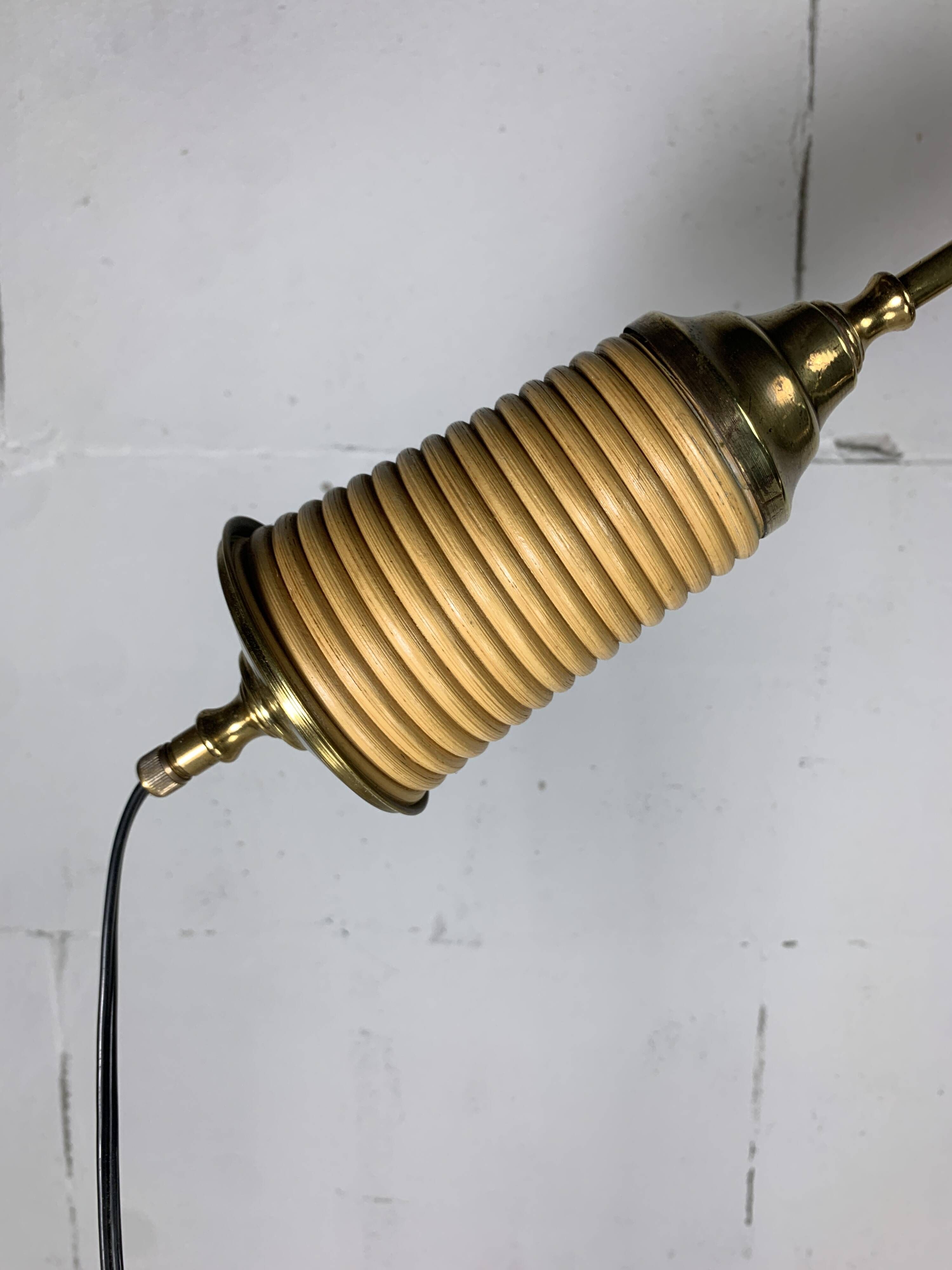 Italian adjustable floor lamp in pencil reed bamboo rattan and brass, 1970s