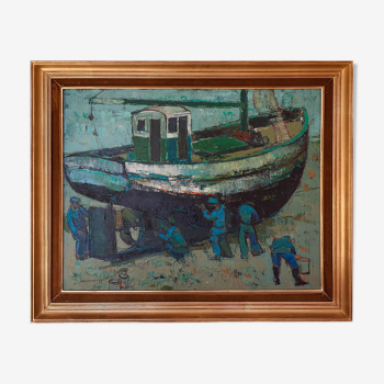 Painting oil on canvas - Jean Monneret - Chalutiers au Radoub - Honfleur 1959