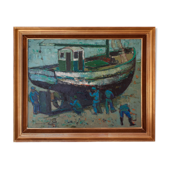 Painting oil on canvas - Jean Monneret - Chalutiers au Radoub - Honfleur 1959