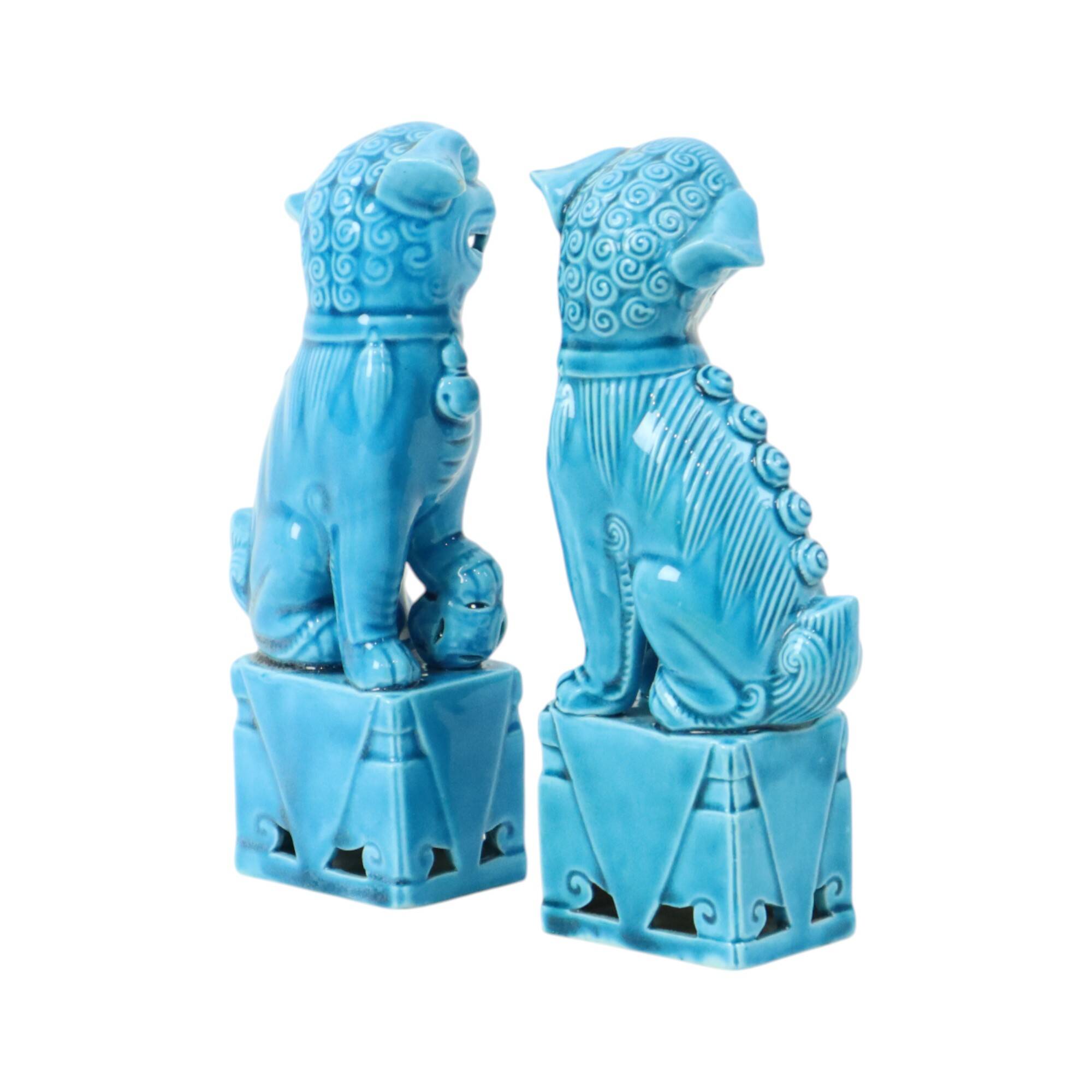 Pair of Blue Glazed Foo Dog Temple Lion Figurines 16cm