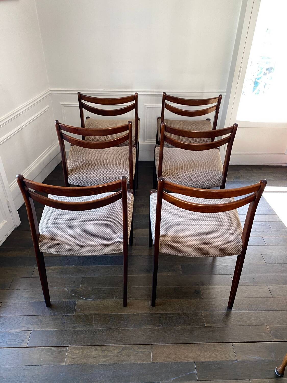 Set of 6 vintage Scandinavian chairs in Rio rosewood & beige mottled velvet 60's