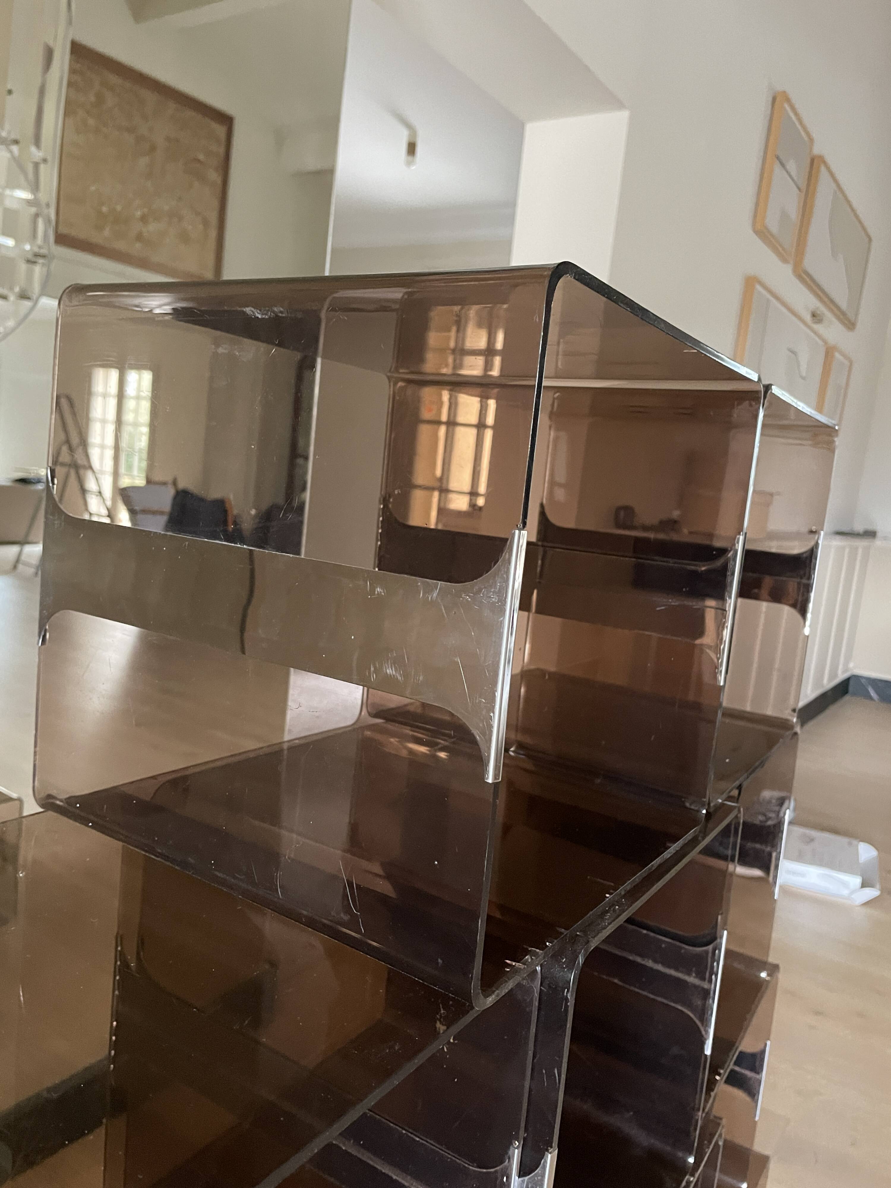 Set of 12 smoked plexi lockers and chrome insert by Michel DUMAS, 1970s