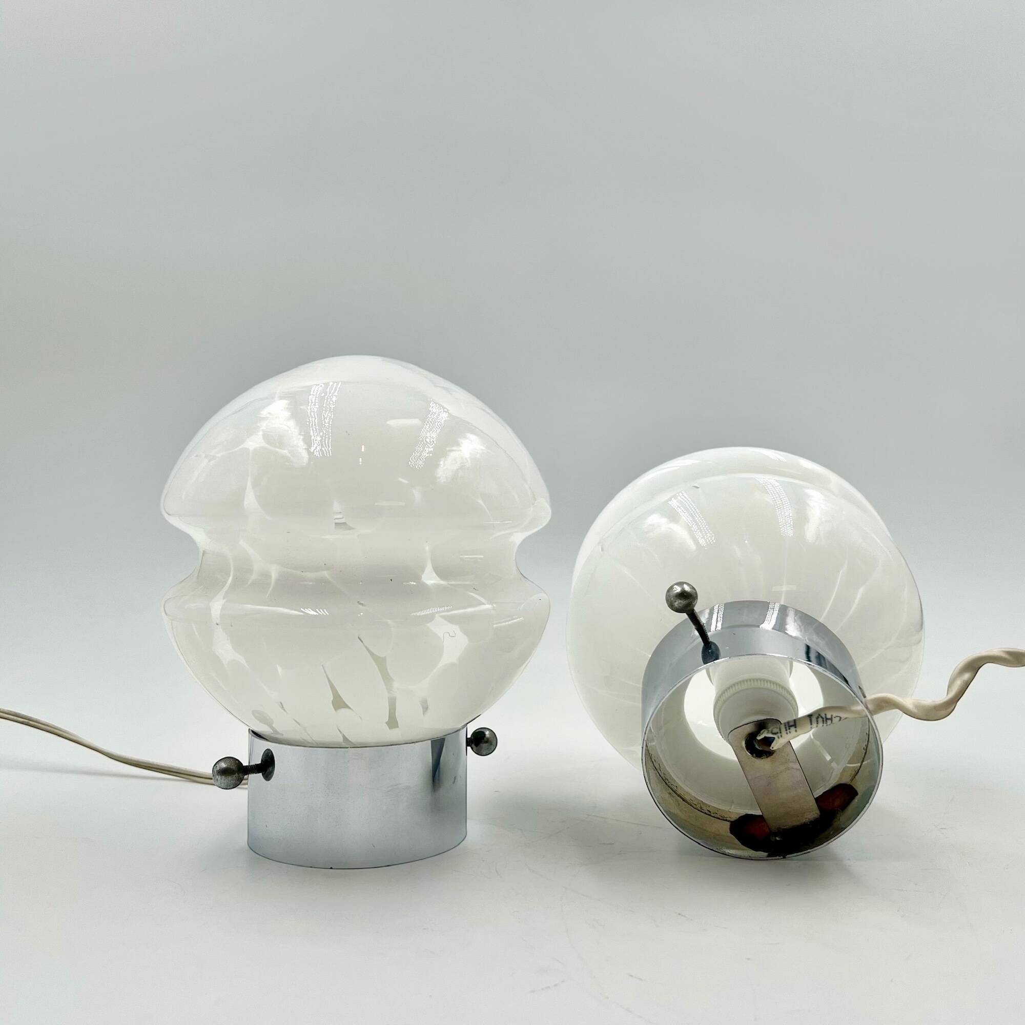 Vintage 70s Glass Table Lamps – White Glass with Metal Stand, Set of 2