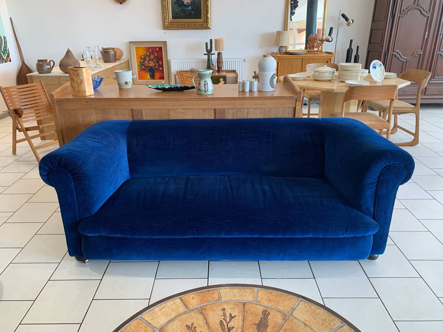 English Velvet Sofa, Blue, Circa 1950s Vintage