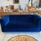 English Velvet Sofa, Blue, Circa 1950s Vintage