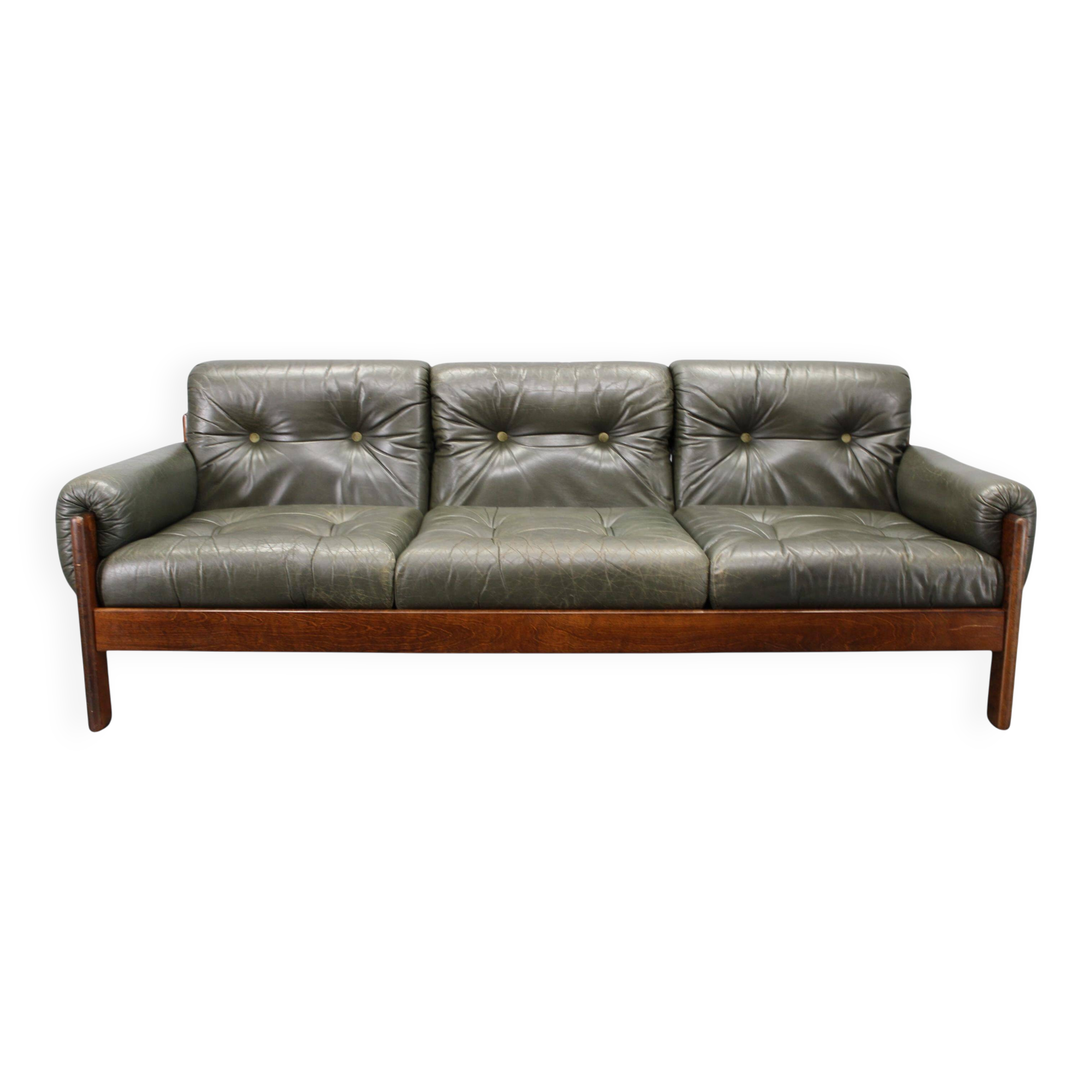 Mid-century Czechoslovak green leather sofa, 1970s