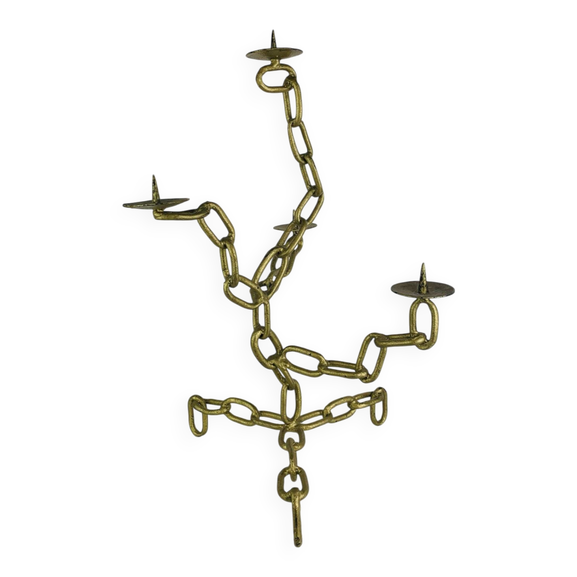 Brutalist candle holder, wrought iron, chain links, gold patina.