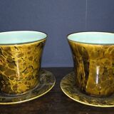 Pair of plant pots and their matching saucer – Brown/ochre marbled decor – 20th century