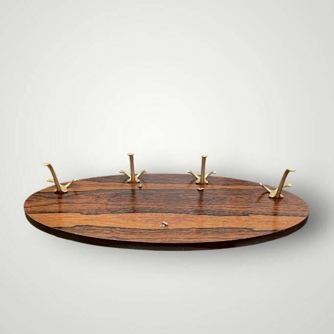 Vintage wall-mounted coat rack in wood and gold-tone aluminum – 1960s