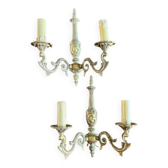 Pair of antique bronze double fire sconces - art nouveau