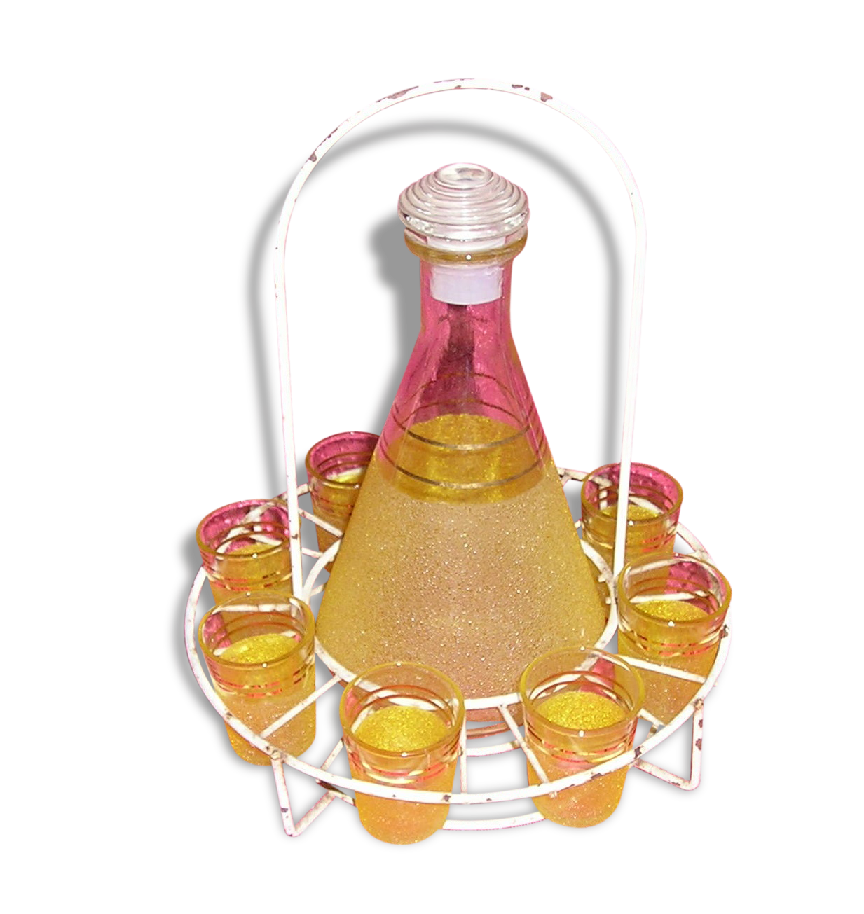 Service liquor Granita yellow glass with metal display stand, 60s/70s