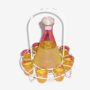 Service liquor Granita yellow glass with metal display stand, 60s/70s