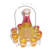 Service à liqueur en verre granité jaune avec présentoir métal, années 60/70