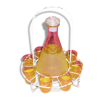 Service liquor Granita yellow glass with metal display stand, 60s/70s