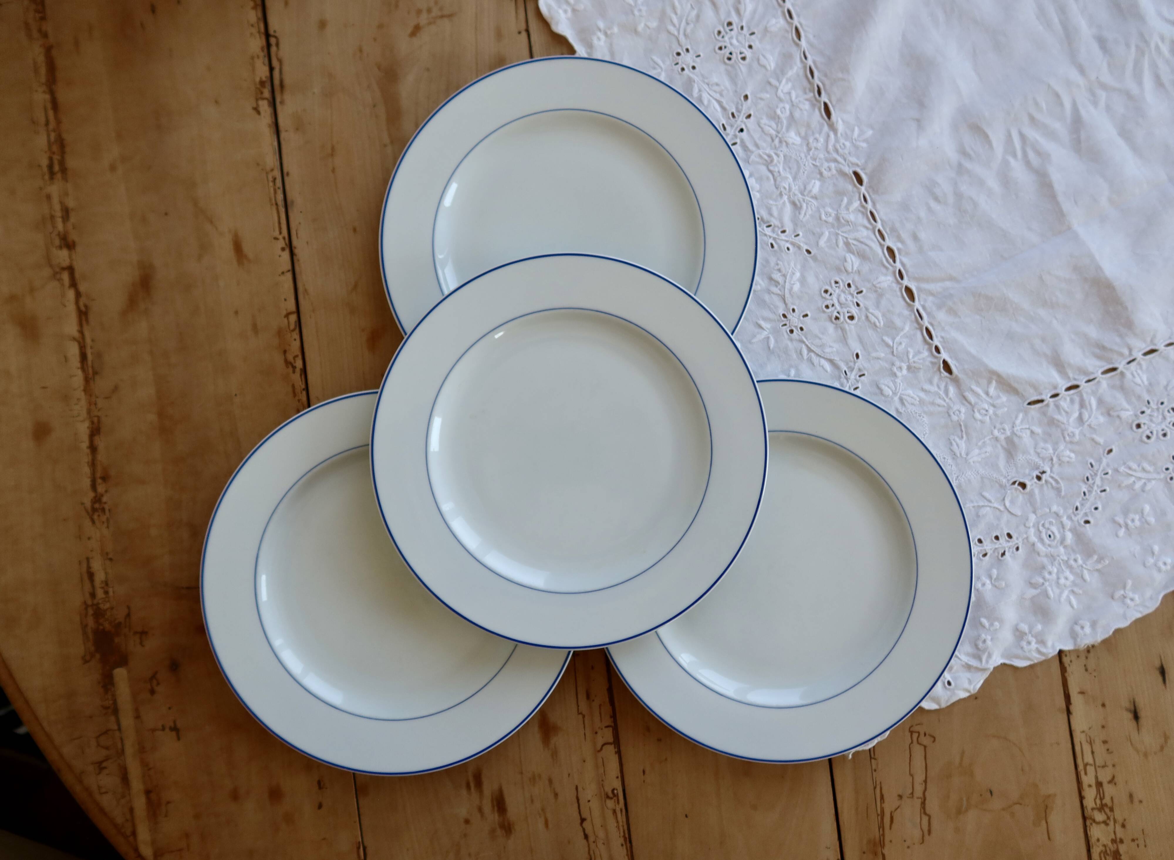 4 vintage porcelain dessert plates - Double blue borders - Bistro style