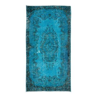 3.7x6.9 ft handmade vintage turkish rug redyed in teal, ideal 4 modern interiors