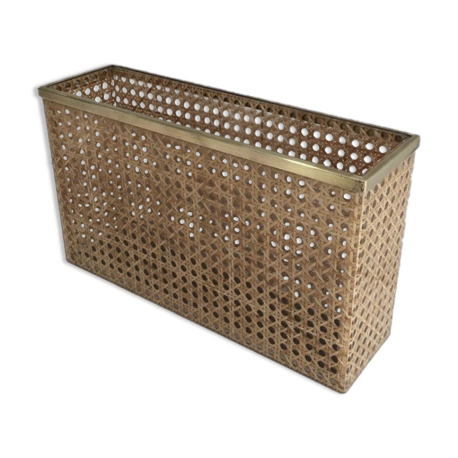 Magazine holder in plexiglass, brass and inlaid cannage