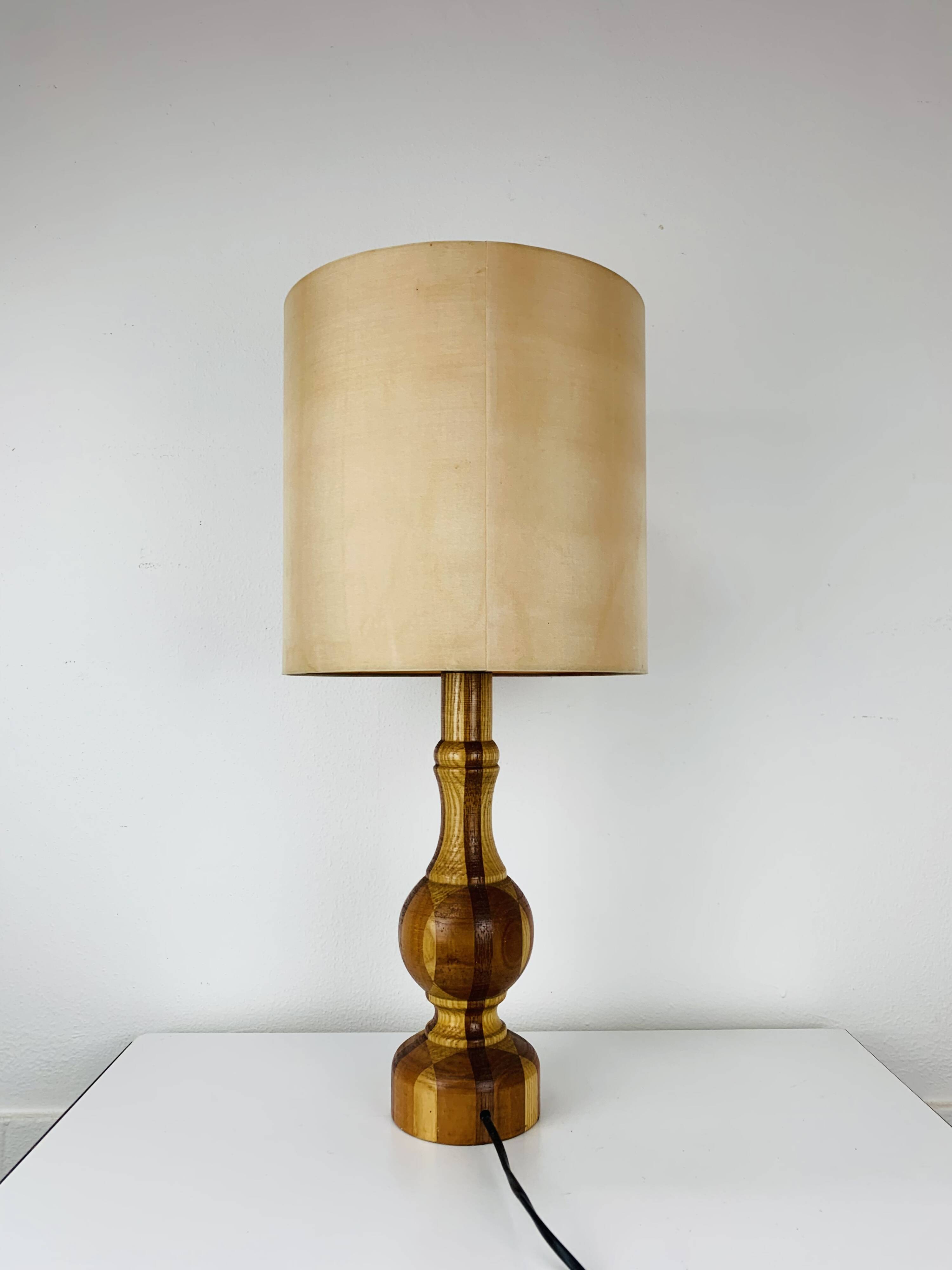 Vintage turned wood lamp, silk lampshade