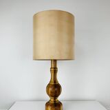 Vintage turned wood lamp, silk lampshade