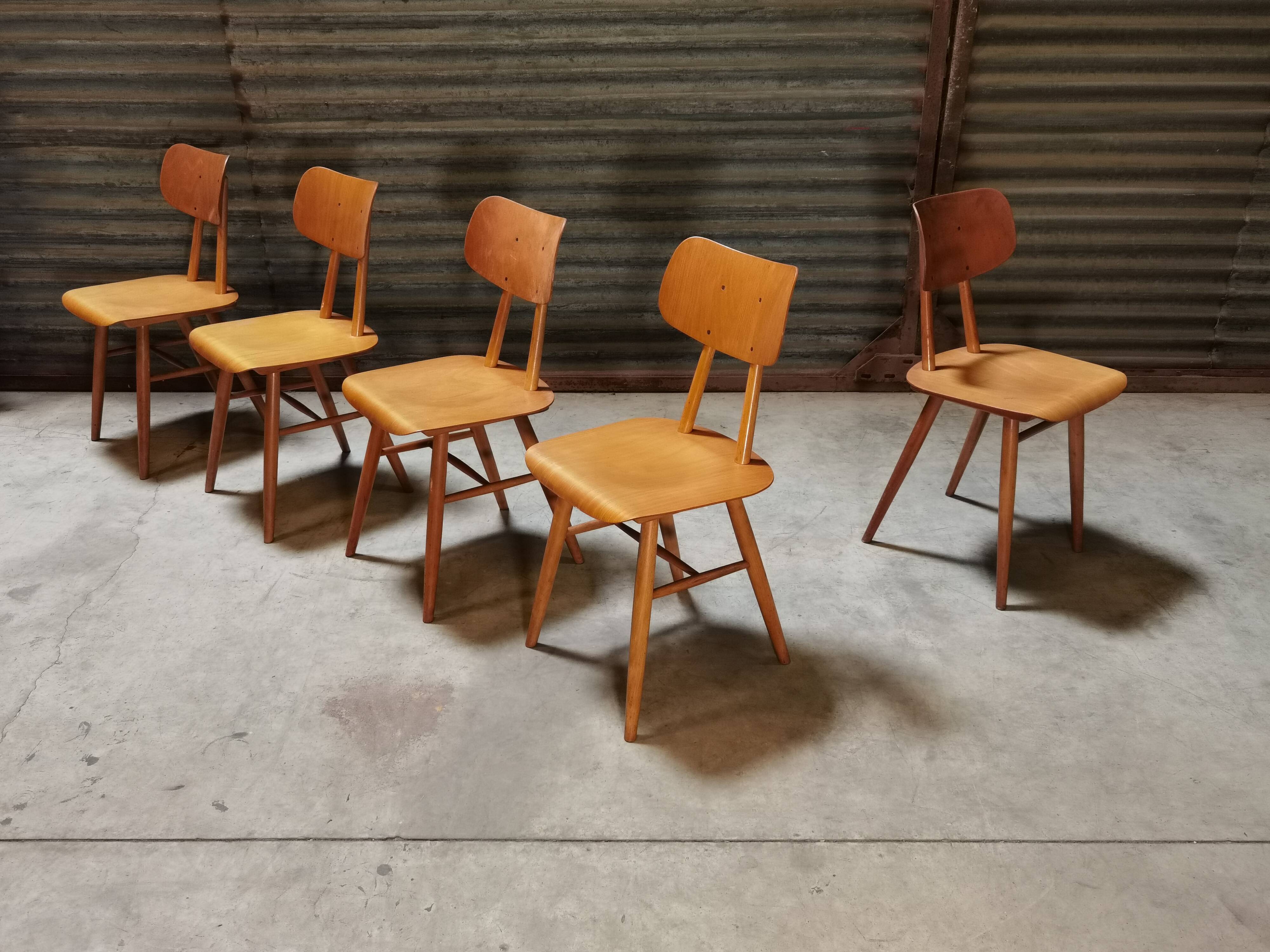 Set of 5 all-wood chairs published by Ton 1960