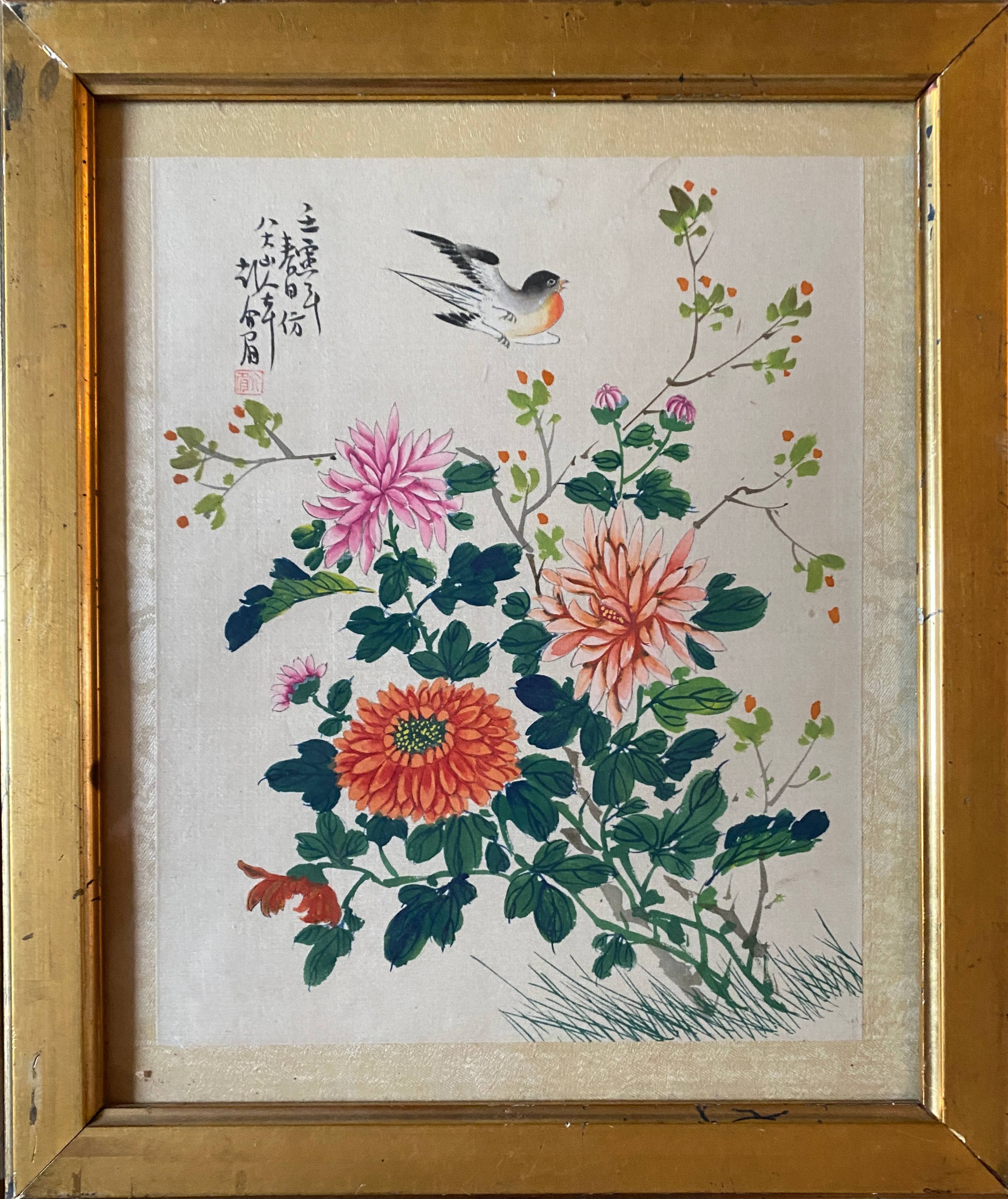 Paintings two watercolors on fabrics China flowers and birds frames XIX°