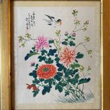Tableau deux aquarelles sur tissus Chine fleurs et oiseaux cadres XIX°