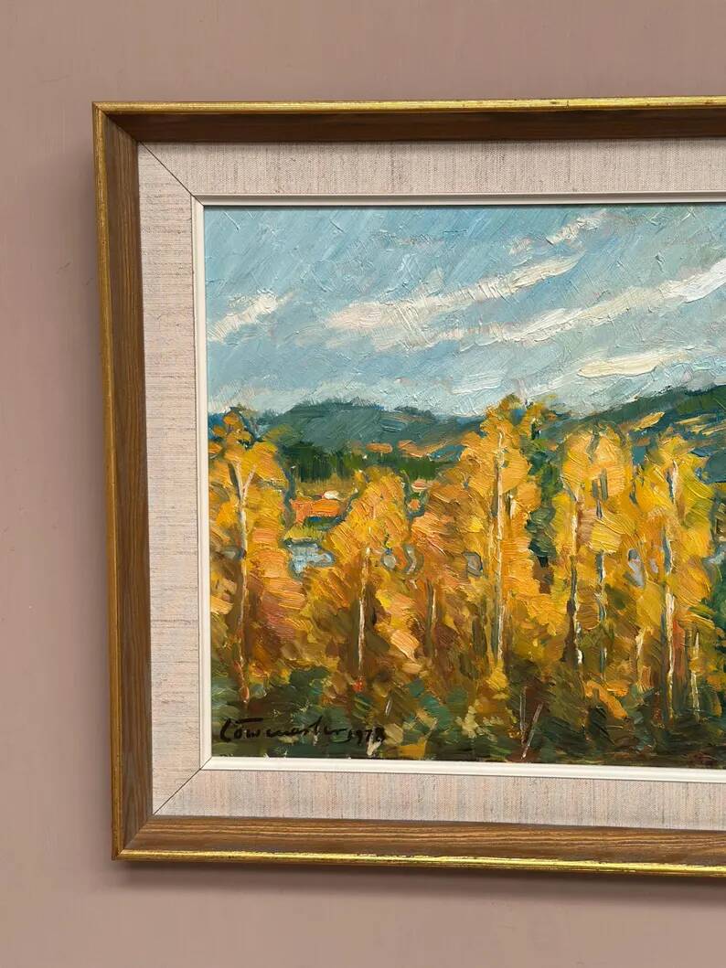 Original Swedish Oil on Panel – "Autumn Landscape" – Dated 1978 – Framed Period Piece – 50 × 42 cm (19.7" × 16.5")