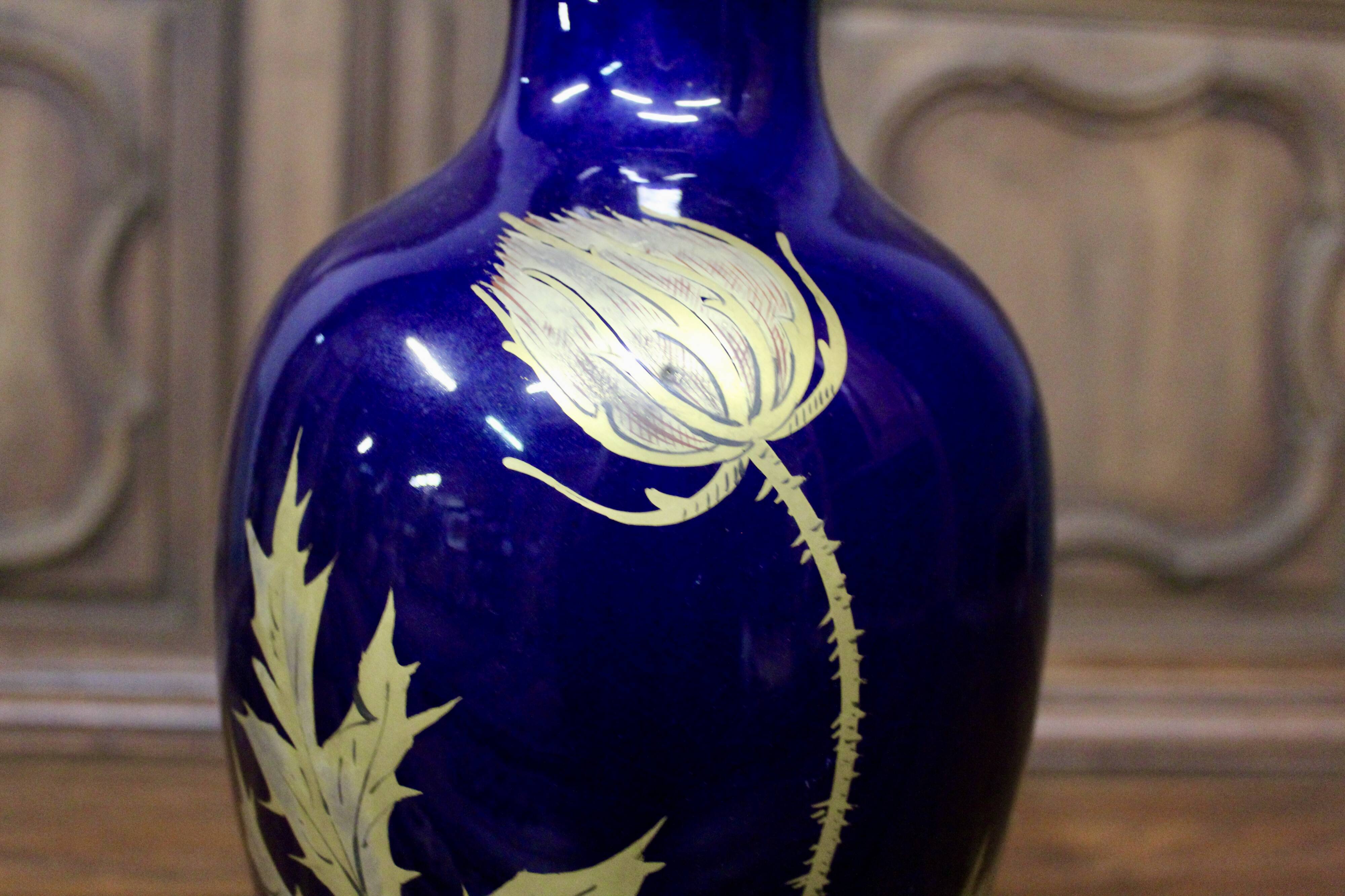 Vase with thistle by Gustave Asch, Tours blue, Sainte Radegonde