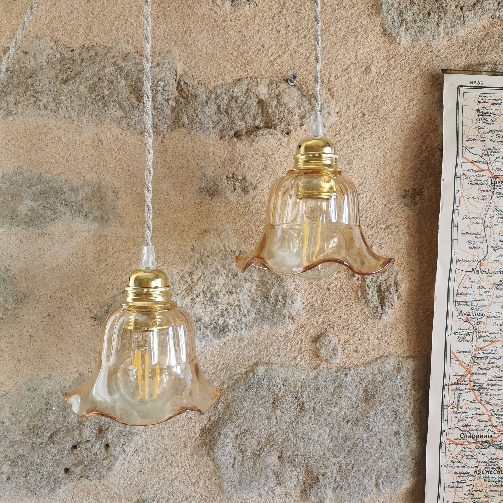 Vintage Portable Lamp Duo, Smoked Glass Tulip Globe