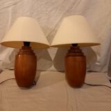 Pair of bedside lamps, varnished wooden foot, art deco spirit, 1980s/1990s