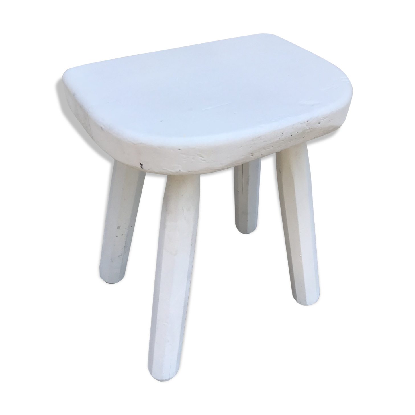 Tabouret ancien tripode de traite en bois blanc décoration vintage