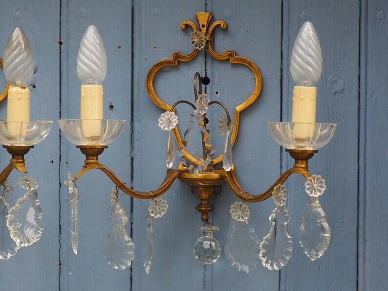 Gilt Bronze French Antique wall Sconces: Crystal Drops, Twin Arms, C1940s