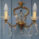 Gilt Bronze French Antique wall Sconces: Crystal Drops, Twin Arms, C1940s