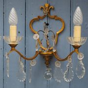 Gilt Bronze French Antique wall Sconces: Crystal Drops, Twin Arms, C1940s