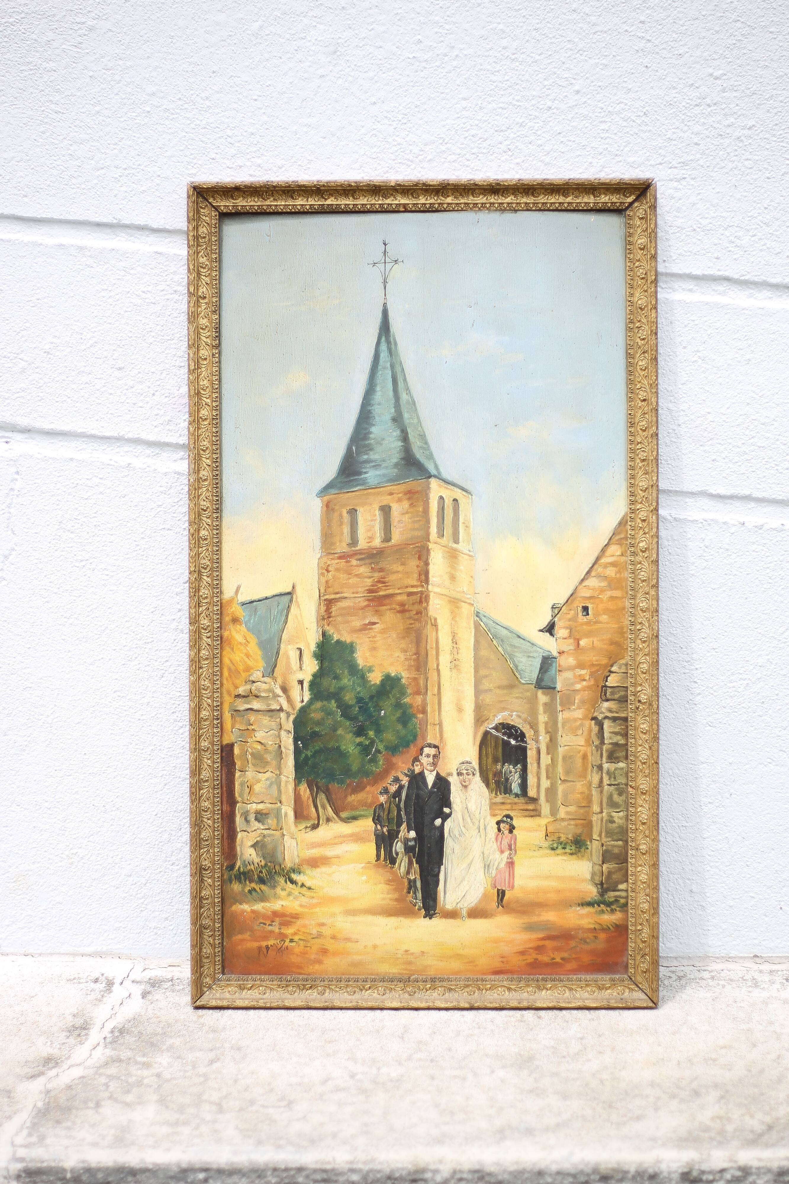 Signed painting, wedding painting in village, large framed painting