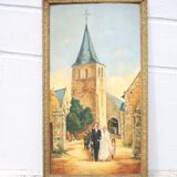 Signed painting, wedding painting in village, large framed painting