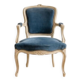 Louis XV cabriolet armchair in blue velvet and patinated wood