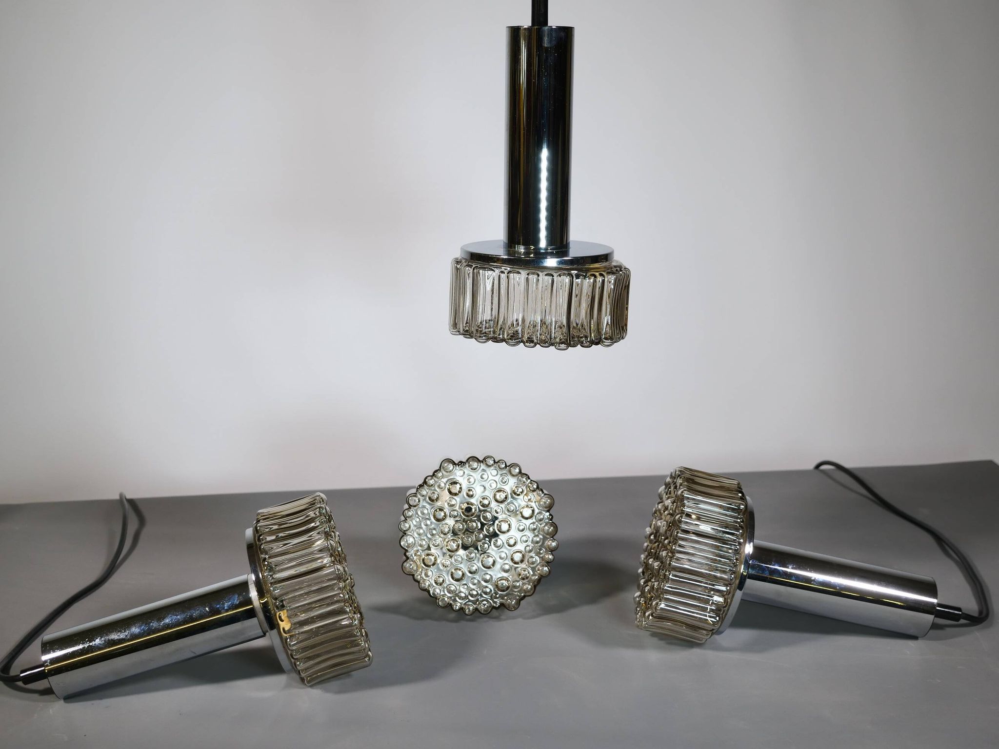Space Age ceiling lamps bubble glass and chrome by Staff, Set of 4, 1970s